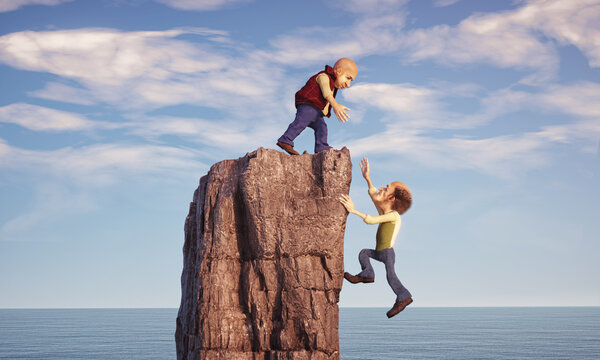 Man Helping His Partner To Get Over The Cliff Edge.