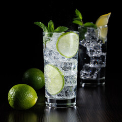 Mineral water with lime, lemons, ice and mint leaves on a black background, detox soda water recipe