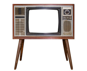 Vintage tv - antique wooden box television isolated object. retro technology - 527578941