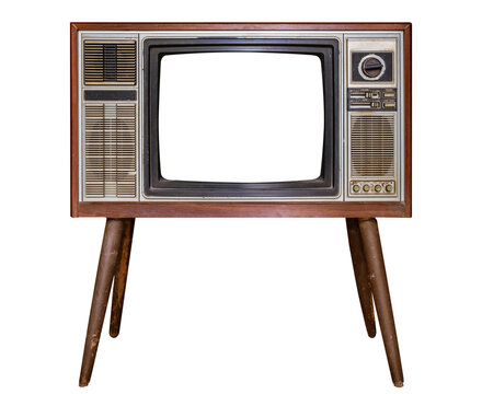 Vintage tv - antique wooden box television isolated object. retro technology