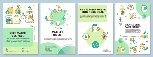 Naklejka na ściany i meble Zero waste business strategies green brochure template. Mindset. Leaflet design with linear icons. Editable 4 vector layouts for presentation, annual reports. Arial-Bold, Myriad Pro-Regular fonts used