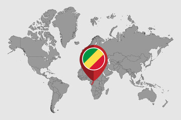 Pin map with Republic of the Congo flag on world map. Vector illustration.