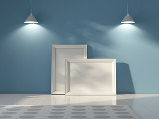 Two white poster Frames Mockup standing near blue wall with gray lamps, horizontal and vertical, 3d rendering