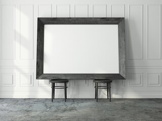 Very Large Horizontal black wooden Frame Mockup standing on the two wooden chairs in white living room, 3d rendering