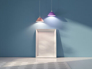 Vertical white Frame Mockup standing near blue wall with colorful lamps, 3d rendering