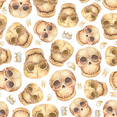 Funny human skulls seamless pattern. Watercolor halloween background