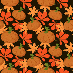 Seamless pattern of stylized orange pumpkins and autumn leaves on a light background. Flat vector style. Halloween. Autumn. Bright pumpkins. Thanksgiving. Suitable for textiles and packaging.