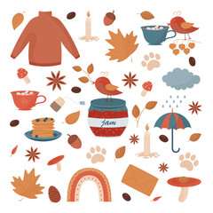 cute autumn collection with forest gifts and home cozy objects