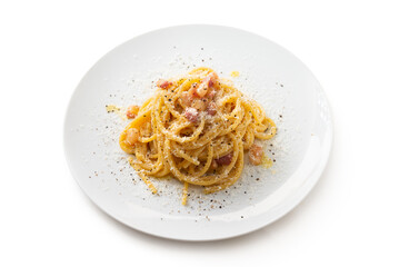 Piatto di deliziosi spaghetti alla carbonara, ricetta tipica della cucina romana, Cibo Italiano 