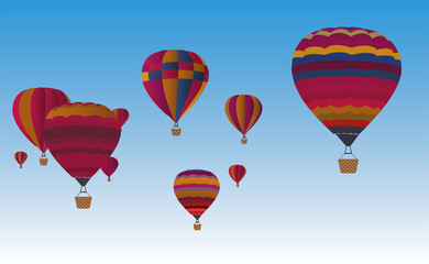 colorful hot air balloons with baskets flying in the sky. travel collection vector illustration