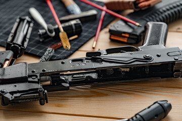 Black disassembled shotgun and cleaning tools on wooden table . - obrazy, fototapety, plakaty
