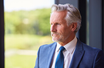 Portrait Of Serious Senior Businessman CEO Chairman Standing Inside Modern Office Building
