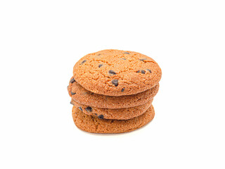 Pile of chocolate chip cookies on a white background