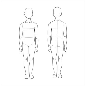 Kid line drawing croqui for flat fashion sketches and cads with seam lines. Vector mannequin design. 
