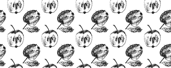 Black apple background. Vector apples seamless pattern with fruit hand drawn pencil illustration for vegan banner, juice, baby food packaging, jam label design. Monochrome fruits backdrop. Cider badge