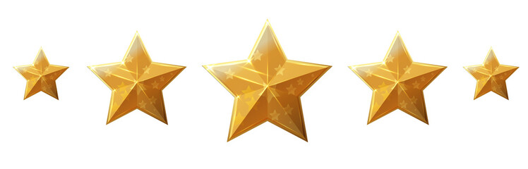 Five stars gold icon. Stars rating review icon.Vector stars set of realistic metallic golden stars isolated on white background. Symbol wye of leadership. Vector illustration - obrazy, fototapety, plakaty