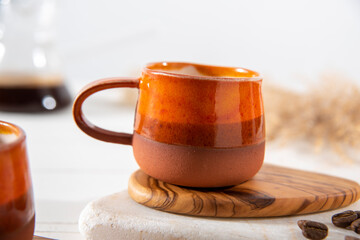 turkish coffee on the table with ceramic coffee cups and coffee beans