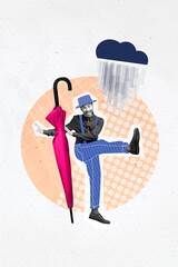 Collage artwork graphics picture of happy smiling guy dancing enjoying rainy weather isolated...
