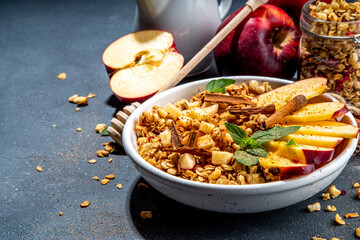 Healthy autumn breakfast granola. Apple pie granola with muesli, cinnamon spices, apples slices, honey and nuts, on black stone background copy space