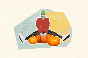 Creative abstract template collage of funny excited young man painting body warm sweater hat sit pumpkins enjoy harvest autumn outdoors