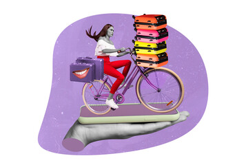 Exclusive minimal magazine sketch collage of big hand hold smartphone pretty woman riding bicycle...