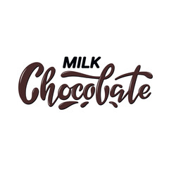 Milk chocolate. Volume trendy hand lettering. Brown letters made of glossy chocolate with drops on the white background. Chocolate logo for product packaging advertising flyer banners shop cafe logo