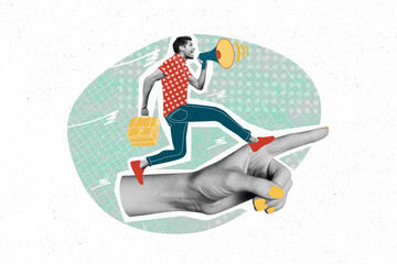 Composite collage image of man running big hand finger point direction running holding loudspeaker announce news protest workers rights