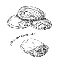 hand drawn vector french pain au chocolate illustration