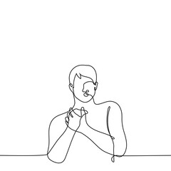 man leaned back with his mouth open and folded his palms on his chest in shock, fright or surprise - one line drawing vector