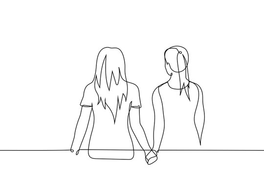 two women go hand in hand - one line drawing vector. girlfriend concept, lesbian couple