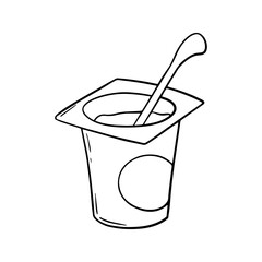 Monochrome illustration, open small plastic jar with yogurt and spoon, vector cartoon