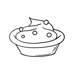 Monochrome picture, deep ceramic plate with dessert, delicious sour cream with berries, vector cartoon