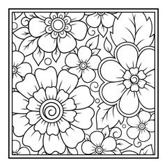 Outline square flower pattern in mehndi style for coloring book page. Antistress for adults and children. Doodle ornament in black and white. Hand draw vector illustration.