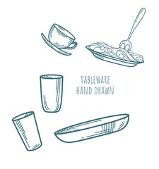 Hand drawn tableware vector set. Small cute coffee cup with saucer, spaghetti with fork on flat plate, two glasses, deep bowl. Kitchenware icons. Decorative art elements for cafe menu layout design.