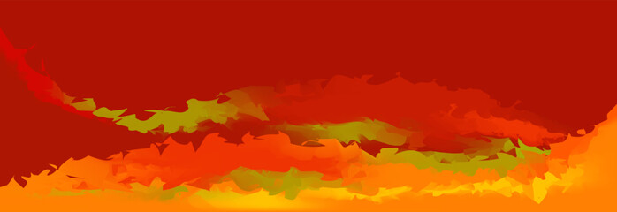 Abstract modern fluid Watercolor yellow orange green splash paint on bright red background. Colorful. Copy space. Ink water. Luxury royal autumn backdrop. Color gradient. Fall card design. Foliage.