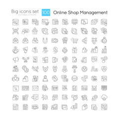 Online shop management linear icons set. Ecommerce. Digital marketing. Customizable thin line symbols. Isolated vector outline illustrations. Editable stroke. Quicksand-Light font used