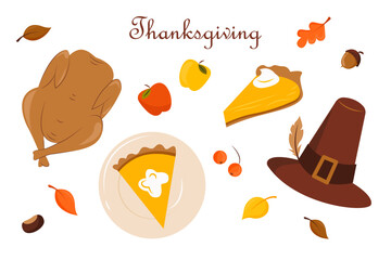 Vector isolated Thanksgiving set with turkey, harvest, apples, autumn leaves, pumpkin pie and holiday hat. Design elements for Thanksgiving and other fall themes. - obrazy, fototapety, plakaty