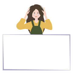 Crying girl with a poster. Vector illustration of an upset woman with a white sheet for text.