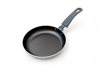 Silver frying pan with teflon non-stick surface isolated on white