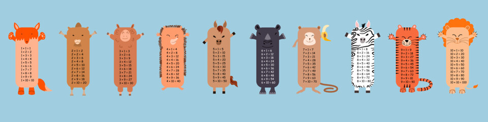 Multiplication table with square animals. Printed bookmarks or stickers with cute kawaii animals. Children s design in a flat style.