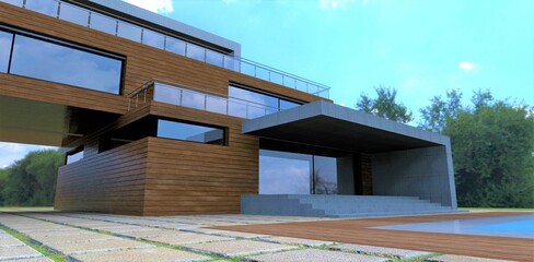 Concrete porch with glass sliding automatic front doors. In the yard there is a massive square paving stone. Finishing the building with a facade board. 3d render.