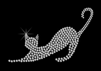 Cat of diamonds. Pattern embroidery of diamond cats. Pattern embroidery of diamond cat. Shiny, silver and black print with diamonds, embroidery and jewelry. Isolated fashion abstract background.