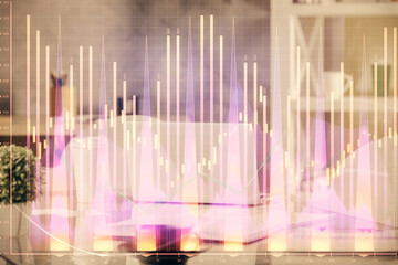 Double exposure of stock market graph drawing and office interior background. Concept of financial analysis.