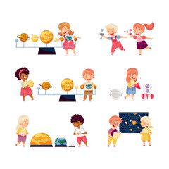 Investigative Little Boy and Girl Studying Space and Galaxy Examining Solar Planets Vector Set