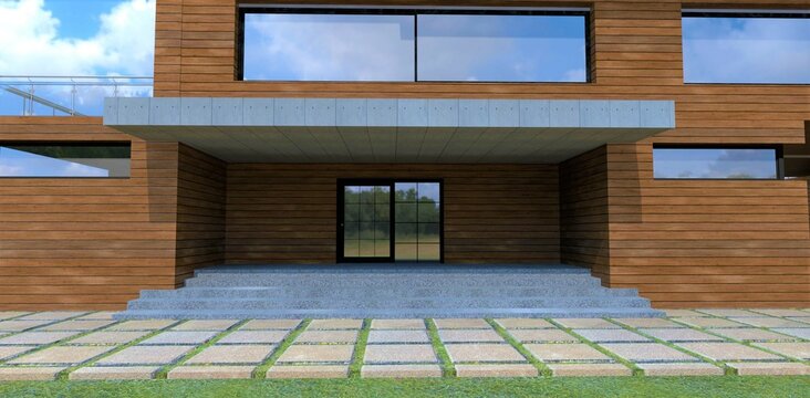 The design of the main entrance to a modern building in a minimalist style. Peak made of reinforced concrete. Facade decoration with wood. 3d render.