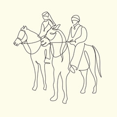 Fototapeta na wymiar Arab man with araian horses vector line art. Arabian man wit traditional clothes riding his horse line drawing