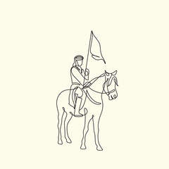 Arab man with araian horses vector line art. Arabian man wit traditional clothes riding his horse line drawing