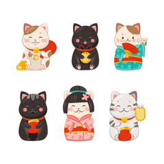 Maneki-neko Cat with Raised Paw as Ceramic Japanese Figurine Bringing Good Luck Vector Set