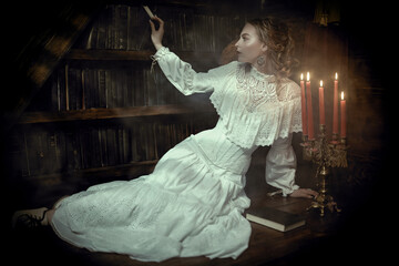 young lady in dark library