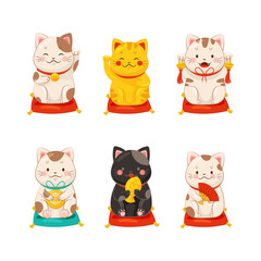 Maneki-neko Cat with Raised Paw as Ceramic Japanese Figurine Bringing Good Luck Vector Set